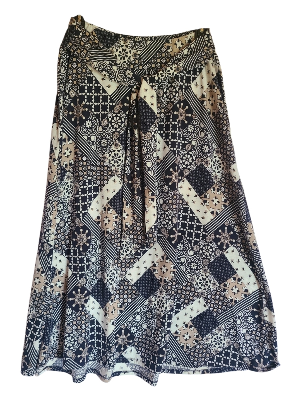 C Est 1946 Dark Navy Blue Patchwork Maxi Skirt Tie Front Large Boho Stretch
